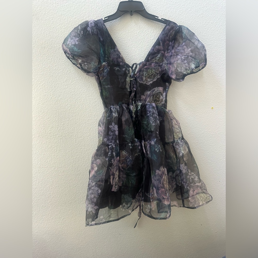 Lulus Exceptional Fate Black Floral Organza Puff Sleeve Mini Dress women’s S - Picture 3 of 9